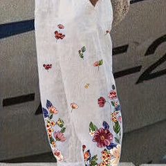 Floral Print High Rise Stretch Straight Leg Pants with Pockets