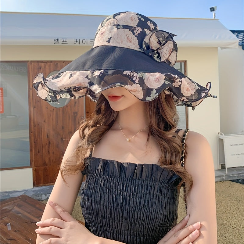Peony Print Ruffles Sun Hat Flower Stitching Wide Brim Bucket Hat