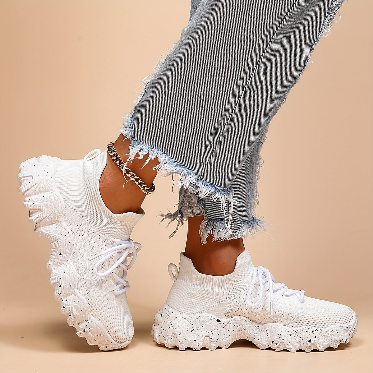 Women's Breathable Knit Sock Sneakers Casual Lace Up Sport Shoes