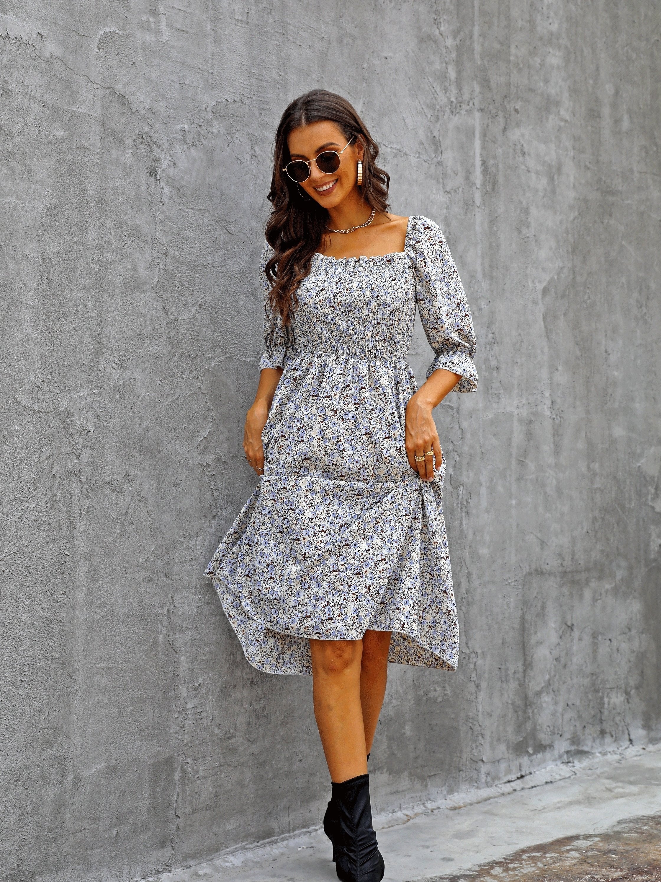 Floral Print Puff Sleeve Shirred Dress Square Neck - Resort Wear