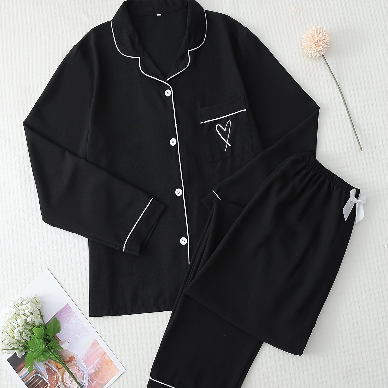 Heart Print Pajama Set Long Sleeve Buttons Top & Elastic Waistband Pants Women