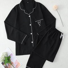 Heart Print Pajama Set Long Sleeve Buttons Top & Elastic Waistband Pants Women