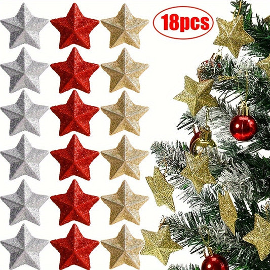 18pcs Golden Star Christmas Tree Ornaments 3D PVC Decorations