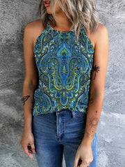 Ethnic Print Sleeveless Top Casual Crew Neck Summer Top