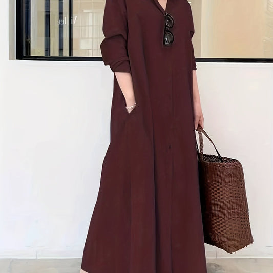 Plus Size Casual Dress Women's Plus Solid Long Sleeve Turn Down Collar