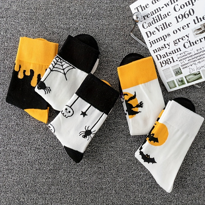 5 Pairs Ghost & Bat Print Socks Halloween Mid Tube Socks Women's Stockings