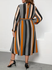  Women's Striped & Polka Dot Print Round Neck Belted Dress