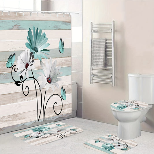 Flower Butterfly Shower Curtain Set with 12 Hooks