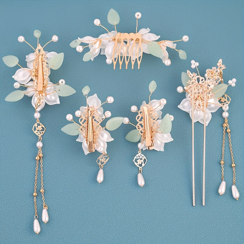 5pcs Chinese Hairpin Bridal Set Floral Tassel Hanfu Hair Accessory