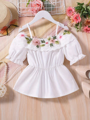 Girls Off Shoulder Flower Embroidery Tunic Shirt