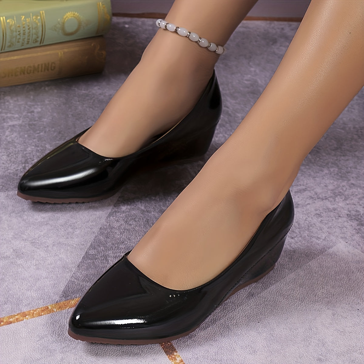 Women's Pointed Toe Wedge Heels Soft Patent Leather Comfy Work Shoes