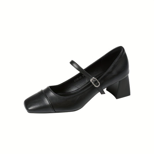 Chunky Heel Square Toe Pumps Faux Leather Buckle Strap