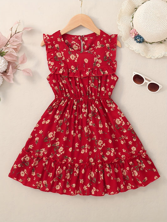 Girls Sweet Floral Ruffled Dress Sleeveless Ditsy Dress