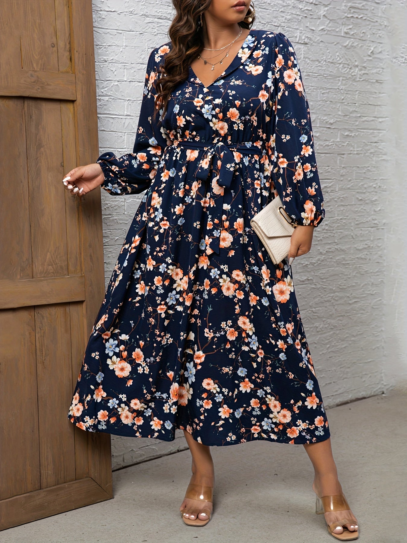  Floral Print Long Sleeve Maxi Dress With Belt