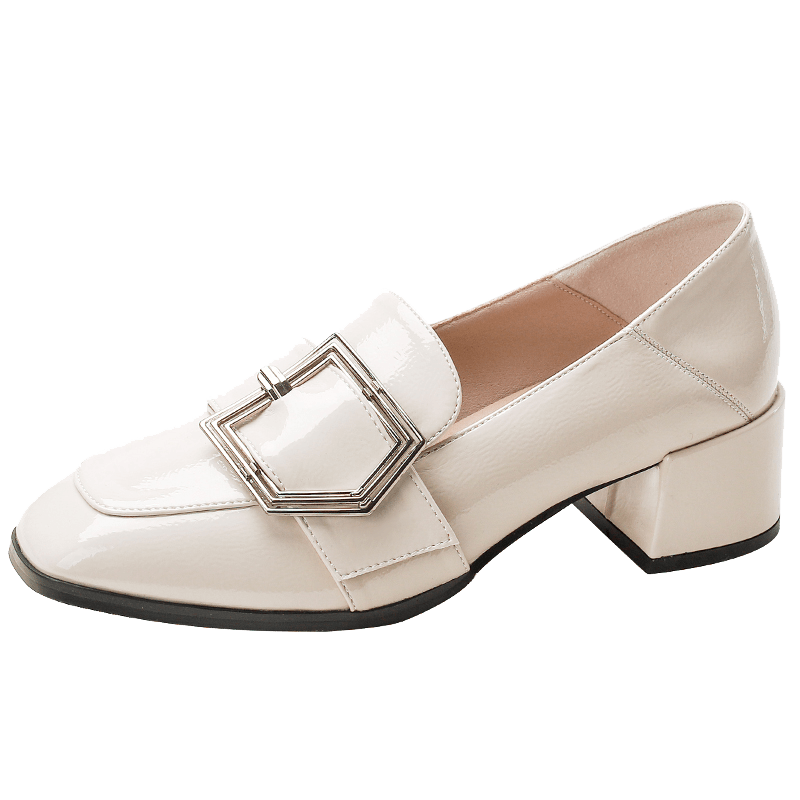 Women's Buckle Strap Block Mid Heels Loafers Square Toe British