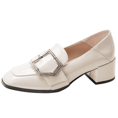 Women's Buckle Strap Block Mid Heels Loafers Square Toe British