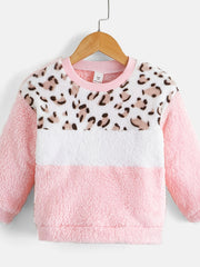 Girl's Plush Sweater With Leopard Print Crew Neck Fleece Sweatshirt