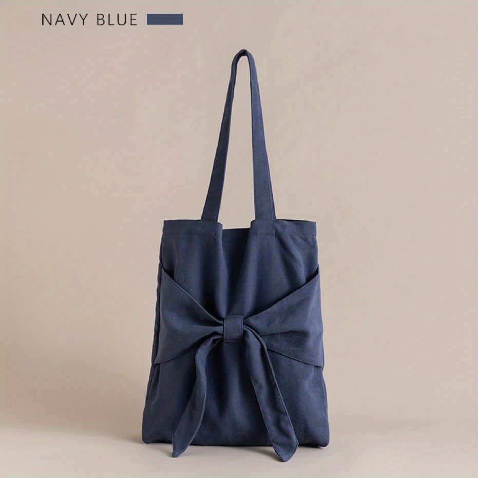 Bowknot Decor Canvas Shoulder Bag Tote Bag Solid Handbag For School Travel