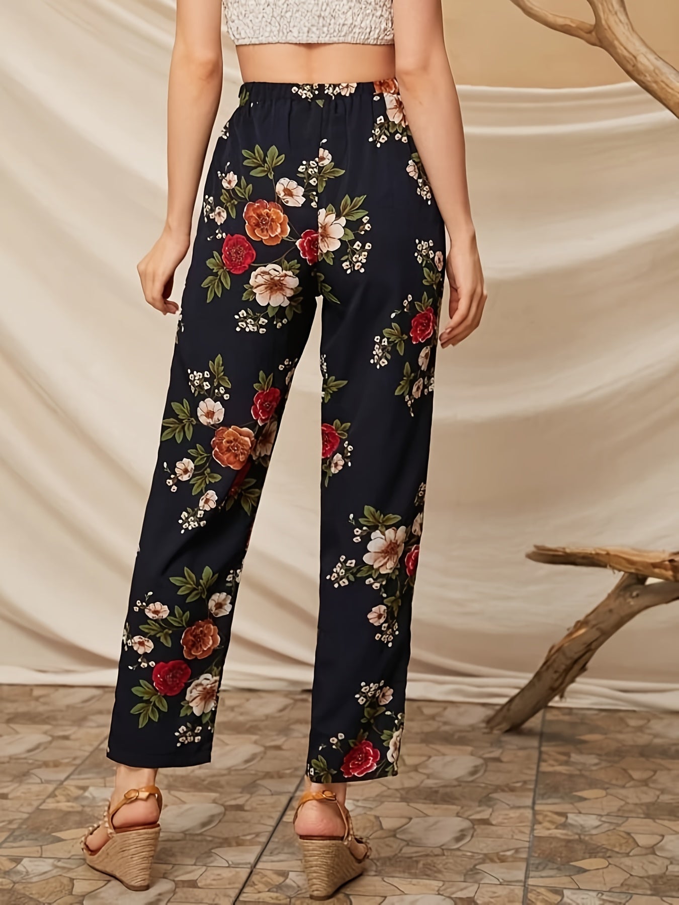 Women's Plus Floral Print High Rise Pants with Belt