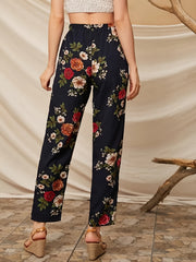 Women's Plus Floral Print High Rise Pants with Belt