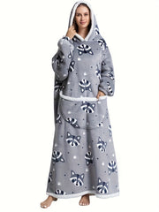  Raccoon Pattern Sherpa Fleece Hooded Long Robe