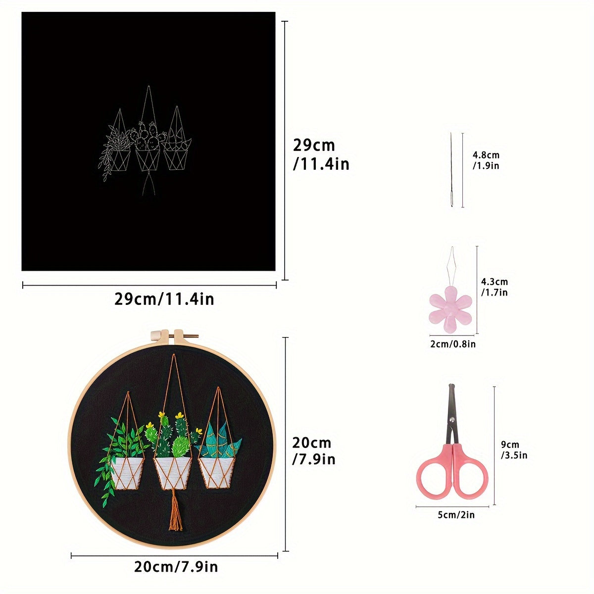 3pcs Green Plants Cactus Embroidery Kit with Hoop 20.07cm