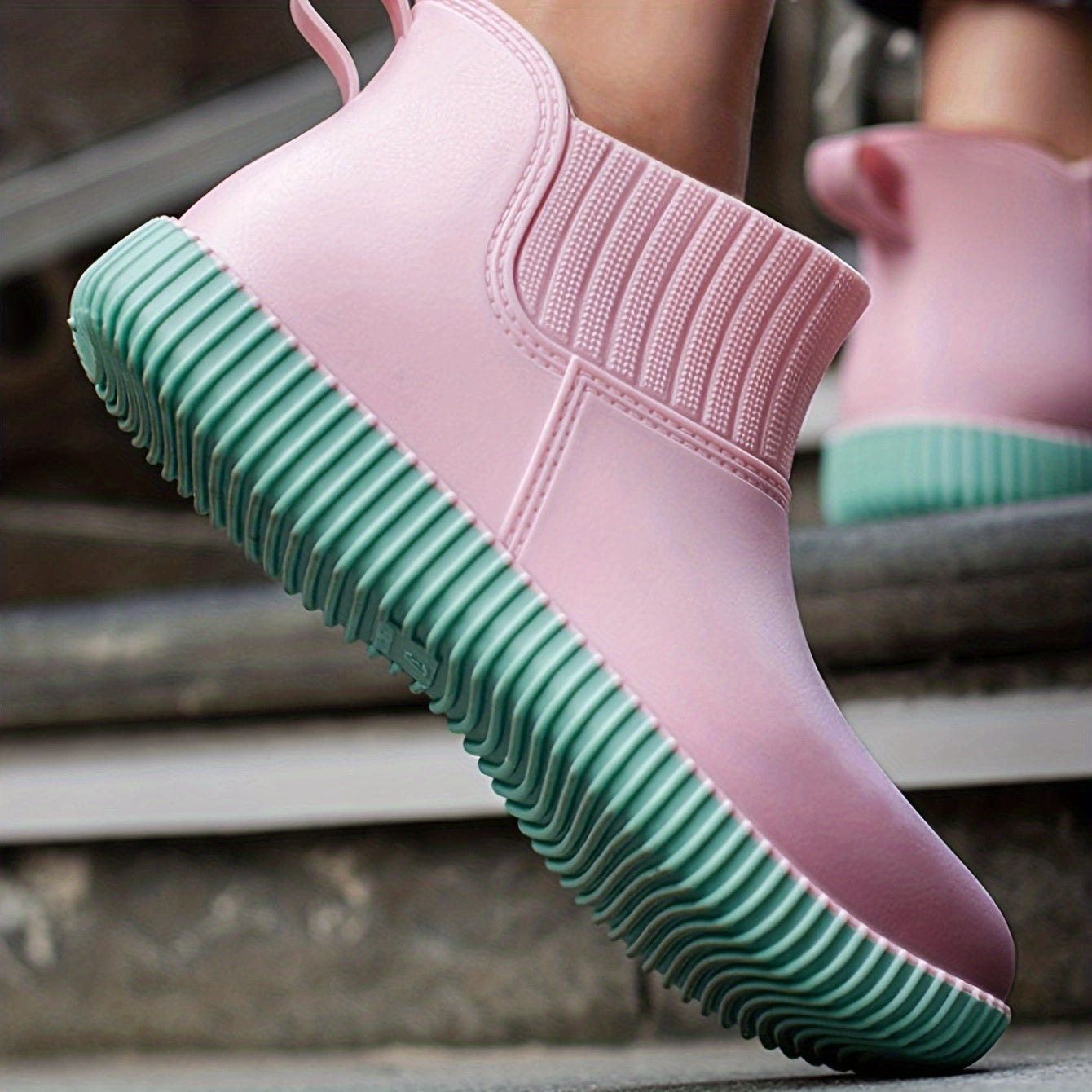 Women's Non slip Solid Flat Rain Boots Waterproof Slip On Rubber Shoes