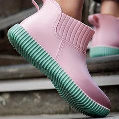 Women's Non slip Solid Flat Rain Boots Waterproof Slip On Rubber Shoes
