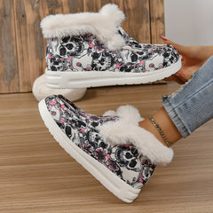 Skull Print Plush Lined Snow Boots High Top Warm Loafers
