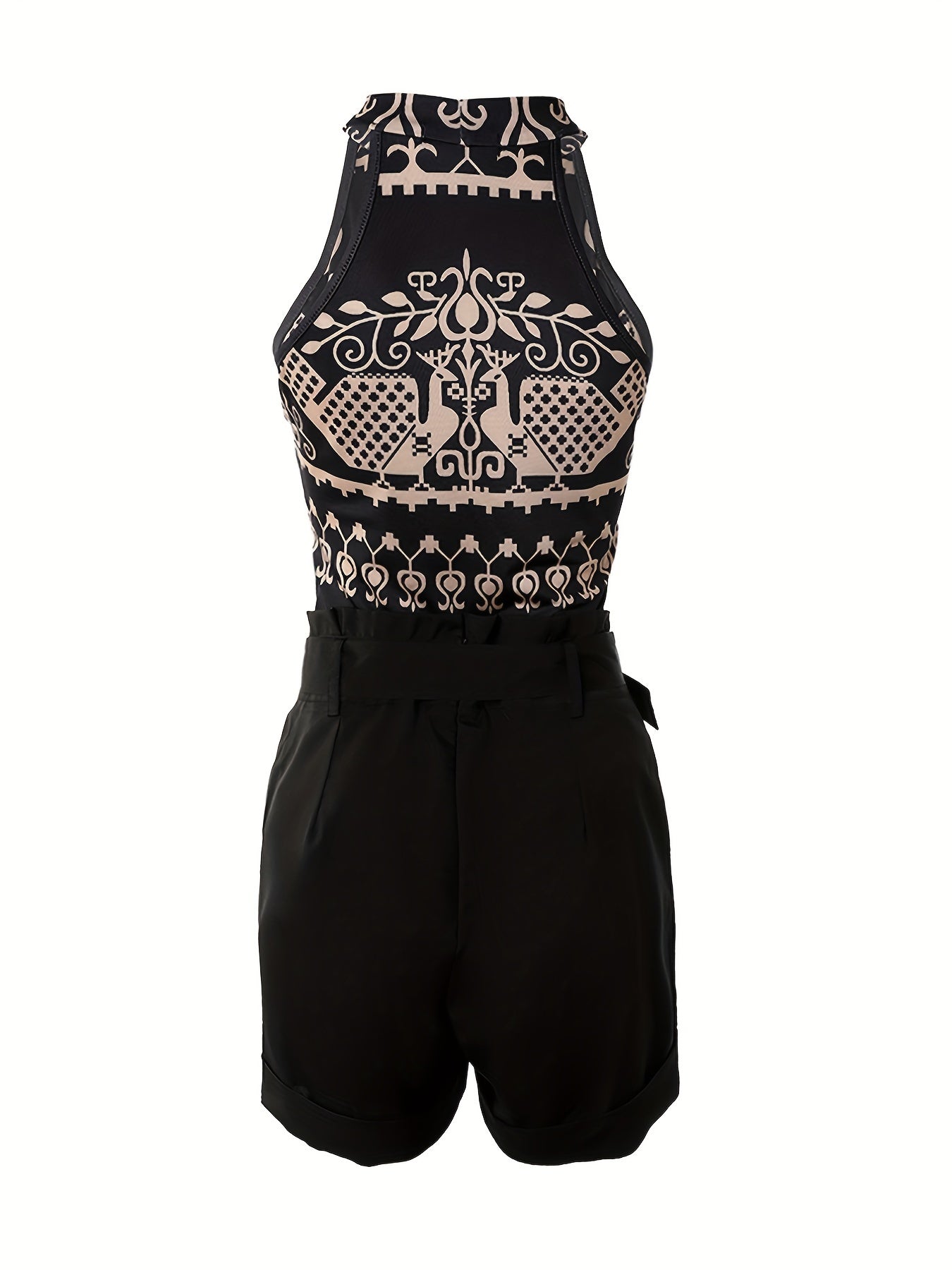 Floral Print Tank Top & Shorts Set with Belt Outfit