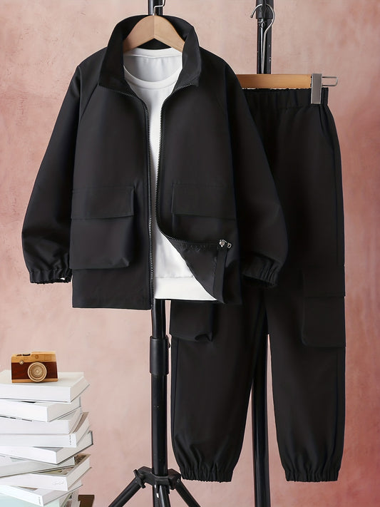 Boy's 2pcs Zip Up Jacket & Cargo Pants Set Solid Long Sleeve Top