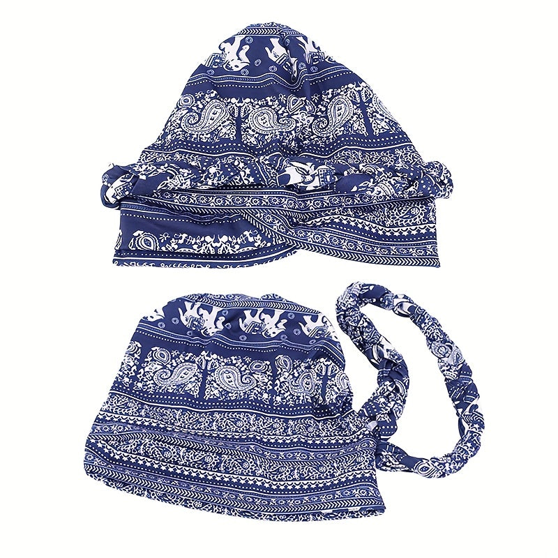 Boho Print Braided Turban Cap Vintage Pre-tied Bonnet Head Wrap Head Scarf