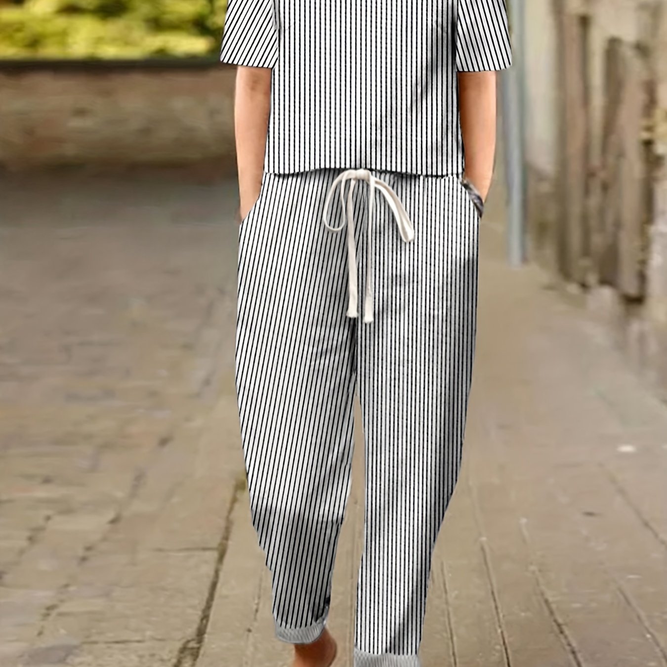 Women's Plus Stripe Print Button Decor Short Sleeve Top & Pants Two Piece