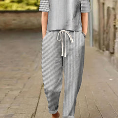 Women's Plus Stripe Print Button Decor Short Sleeve Top & Pants Two Piece