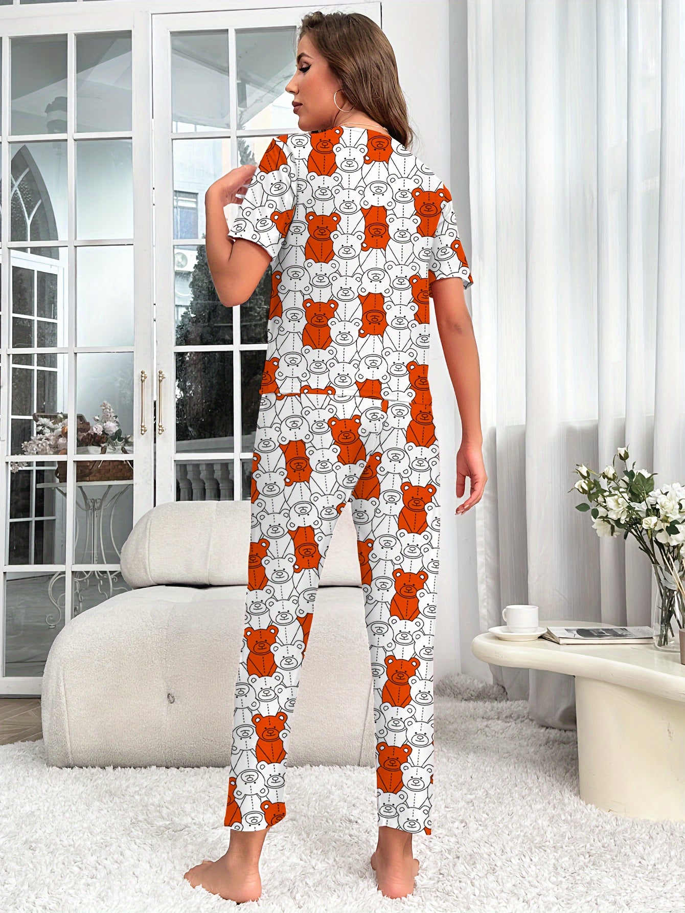 Bear Print Pajama Set Short Sleeve Crew Neck Top & Pants Women's Loungewear