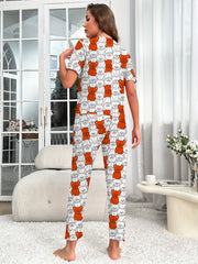 Bear Print Pajama Set Short Sleeve Crew Neck Top & Pants Women's Loungewear