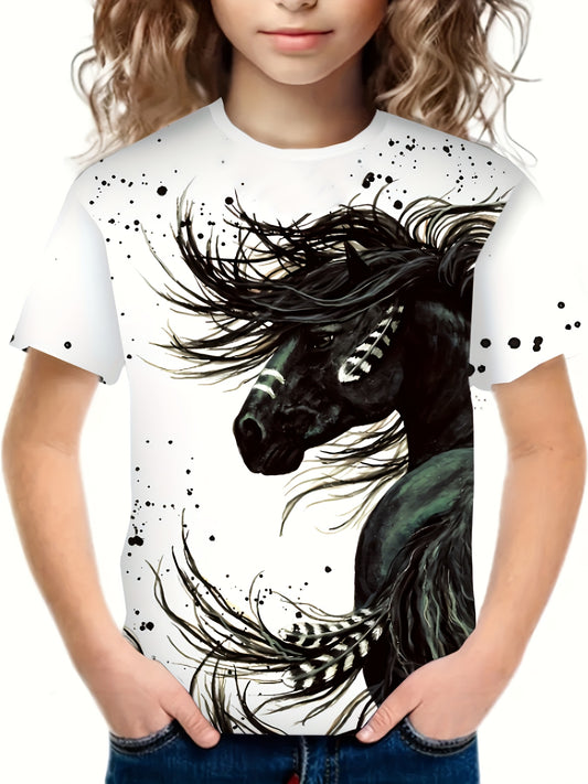 3D Horse Graphic Short Sleeve T shirt Boys Girls Western Style