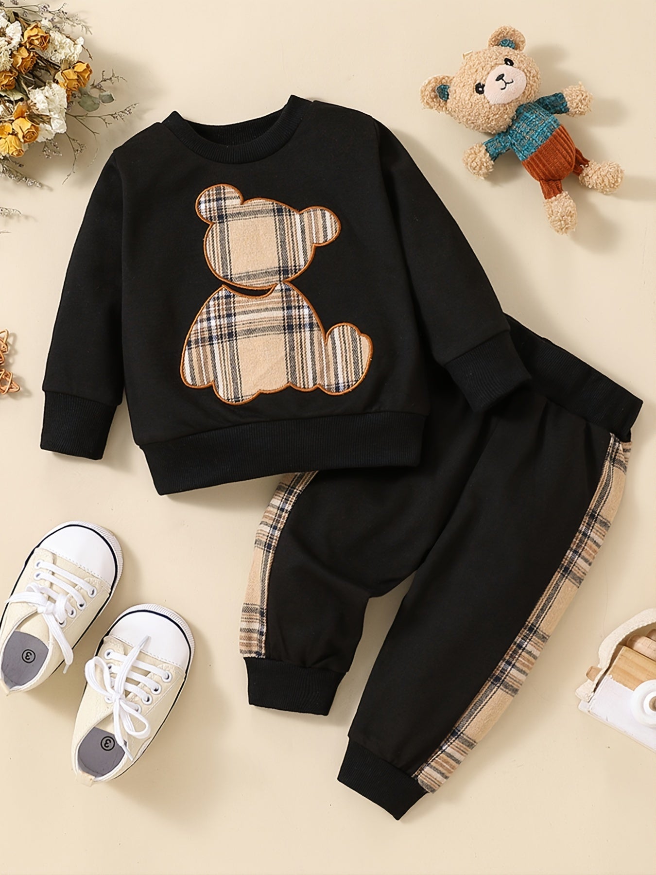2pcs Toddler Baby Bear Embroidery Sweatshirt & Splicing Pant