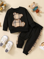 2pcs Toddler Baby Bear Embroidery Sweatshirt & Splicing Pant