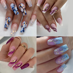 96 Pcs Marble Print Ballerina Press On Nails, Purple Hues