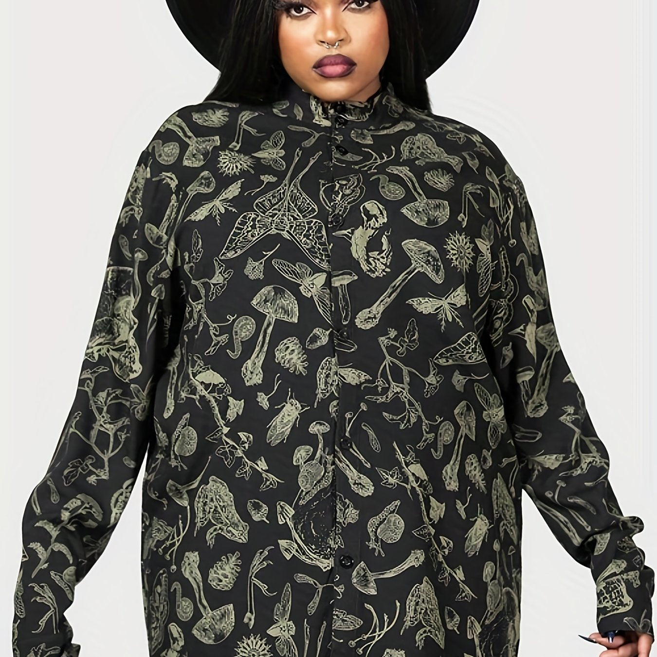  Goth Blouse Mushroom Print Button Up Mock Neck Blouse
