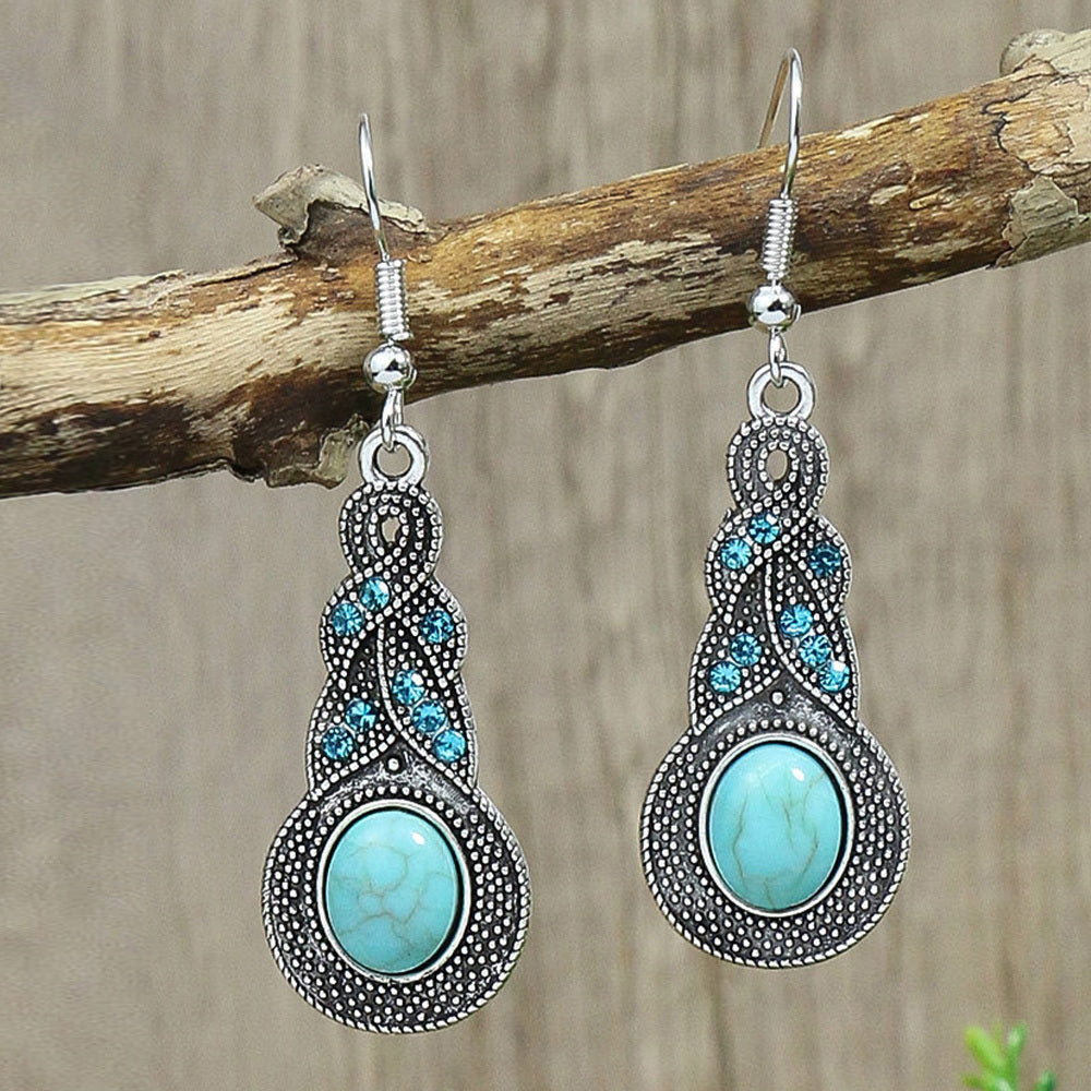 Bohemian Turquoise Inlaid Rhinestones Water Drop Earrings Necklace Set