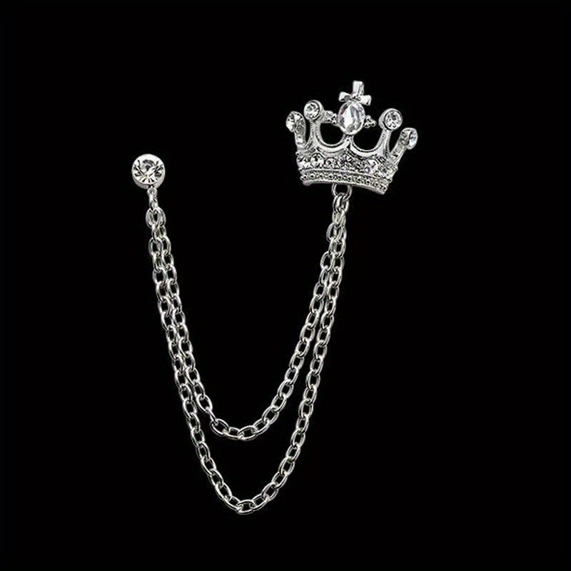 Men's Rhinestone Crown Tassel Chain Brooch Pin