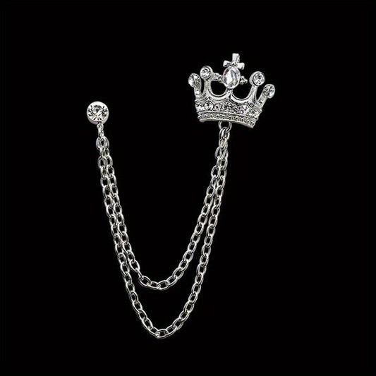 Men's Rhinestone Crown Tassel Chain Brooch Pin