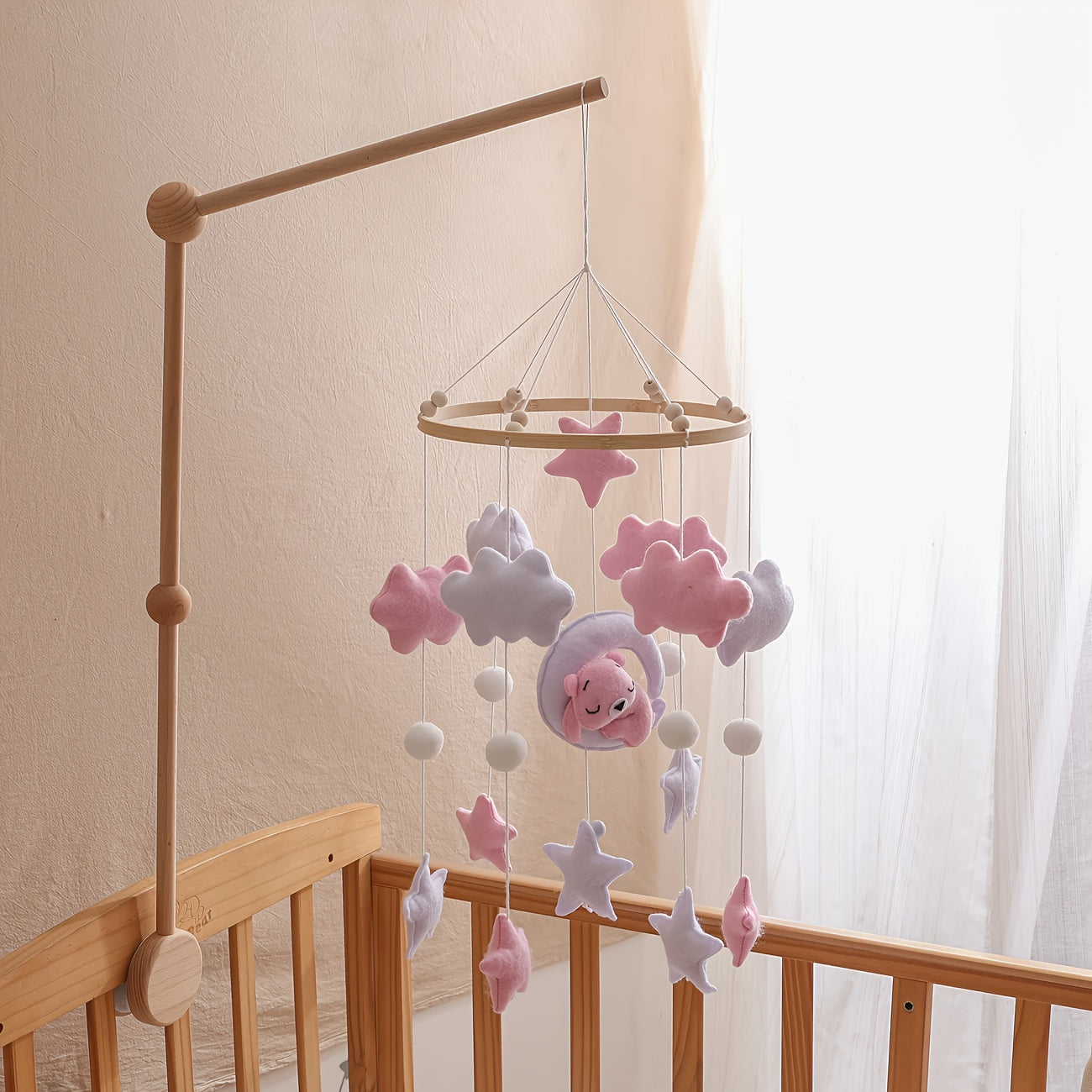 Multicolor Pink Bear Moon Mobile Handcrafted Toy for Cognitive Development