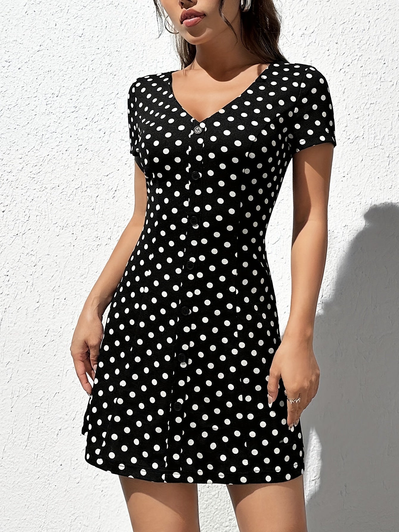Polka Dot Button Front Dress V Neck Short Sleeve Casual Dress
