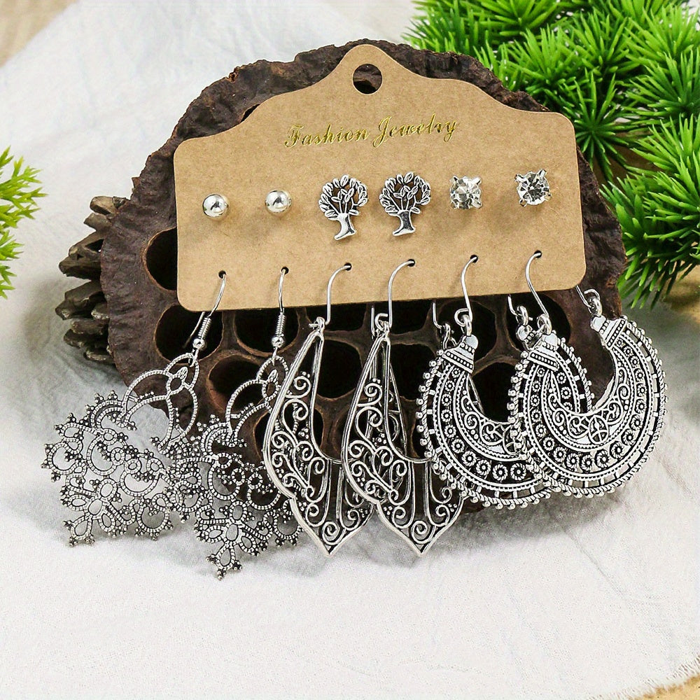 Boho Holiday Earrings Set Silver Geometric Retro Ear Jewelry