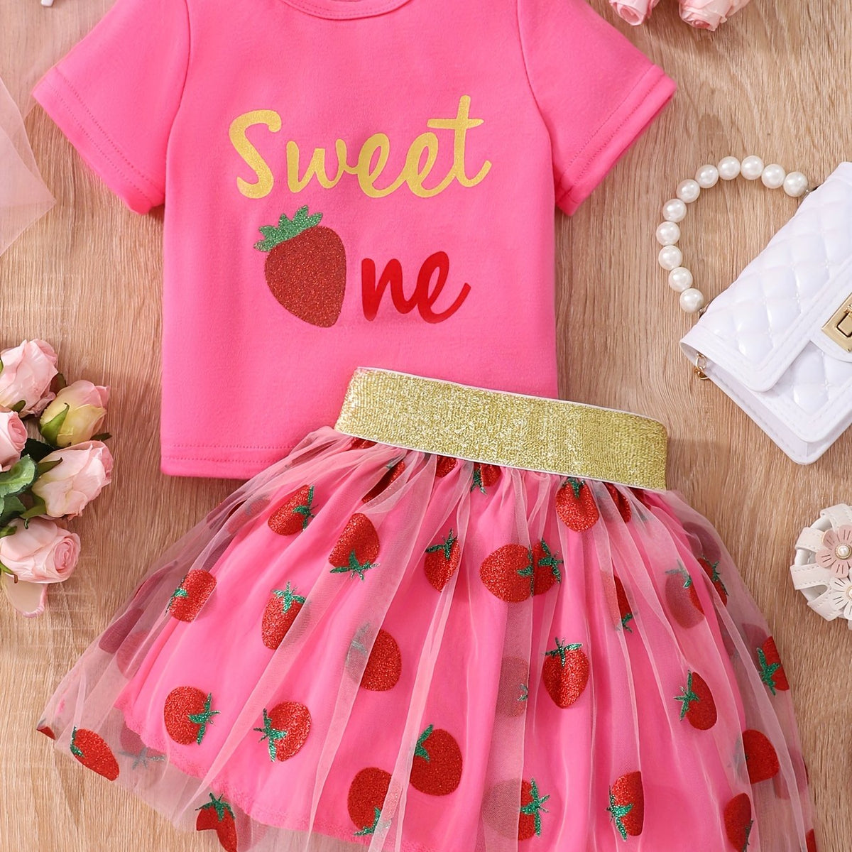 2pcs Girls Strawberry Graphic T Shirt Top & Glitter Tape Mesh Skirt Set