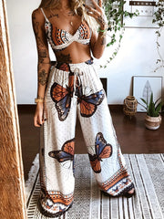 Sexy Butterfly Print Two piece Set Backless Crop Halter Top & Wide Leg Pants