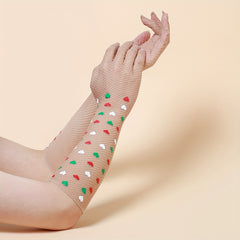 Colorful Heart Long Gloves Mesh Breathable Translucent Y2K Decorative Gloves